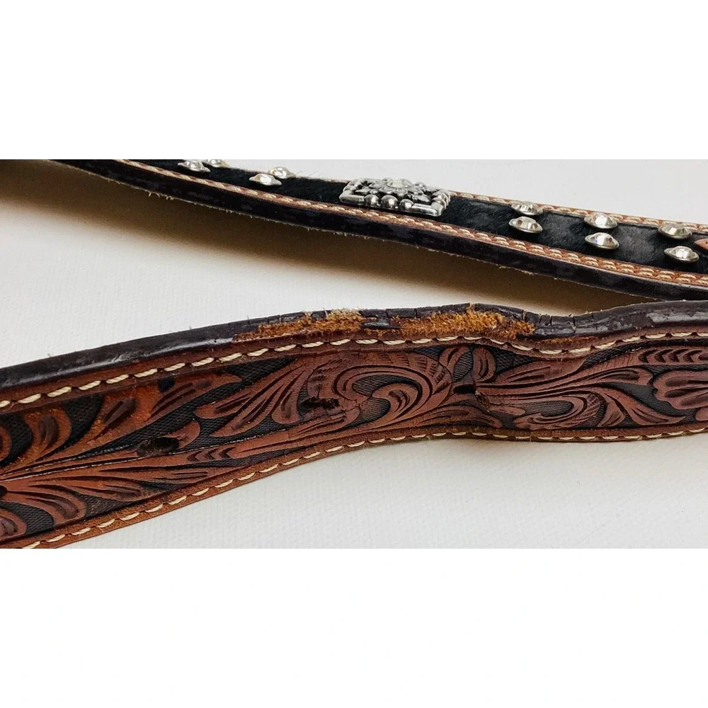 Nocona Women's Concho Leather Rhinestone Silver Floral Buckle‎ 2-Tone Belt Sz 38